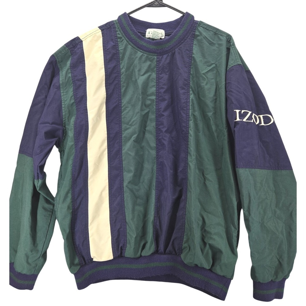 Vtg Izod Windbreaker Jacket Mens Size S Blue Green Spellout Pullover Golf Nylon‎